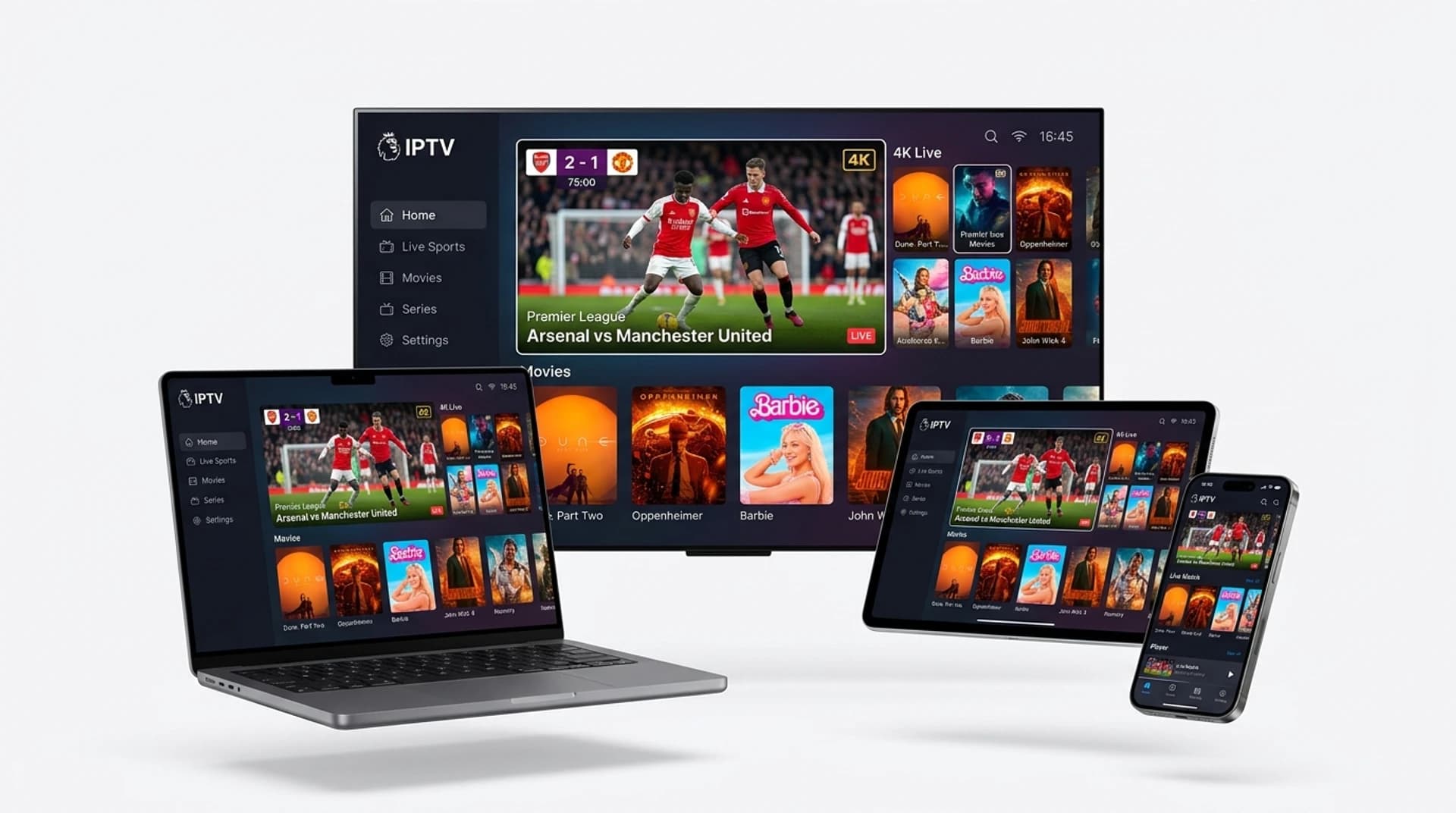 YourFlix streaming interface displayed across Smart TV, laptop, tablet, and smartphone
