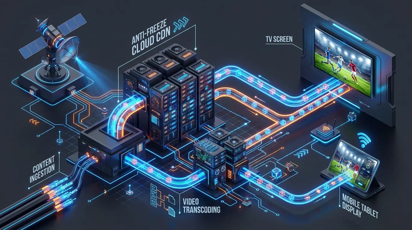 How IPTV works 4-stage streaming architecture diagram from content ingestion to anti-freeze cloud CDN and 4K TV