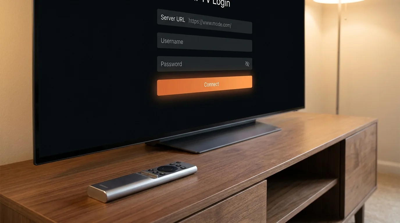 IPTV protocols explained - Xtream Codes API login screen on Smart TV display with remote control